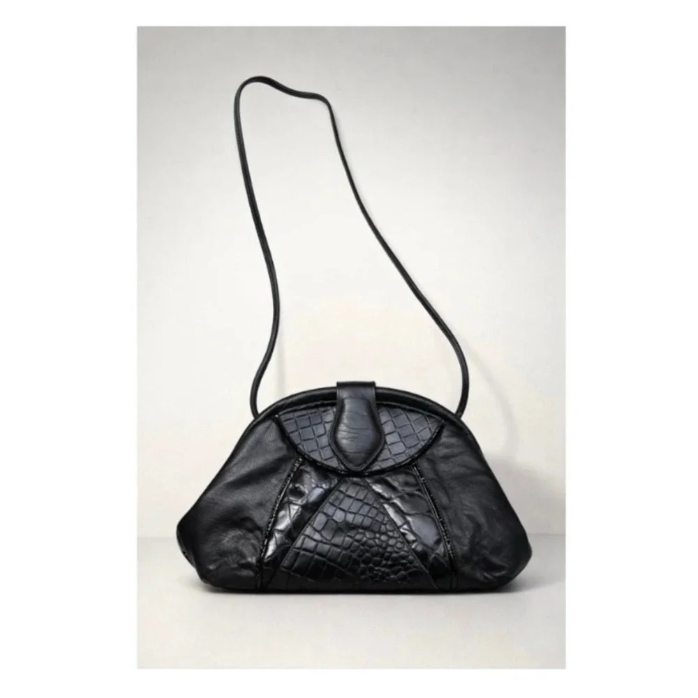 Fifth Avenue Handbags Black Croc Embossed Vintage Retro Luxury